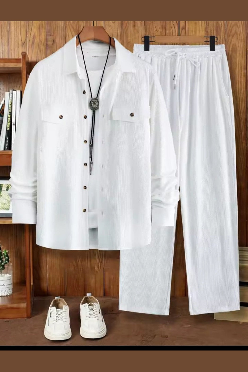 Men's 2 Piece Vertical Striped Textured Outfit – White Lapel Shirt & Drawstring Pants Set - GLITCH-BELLE