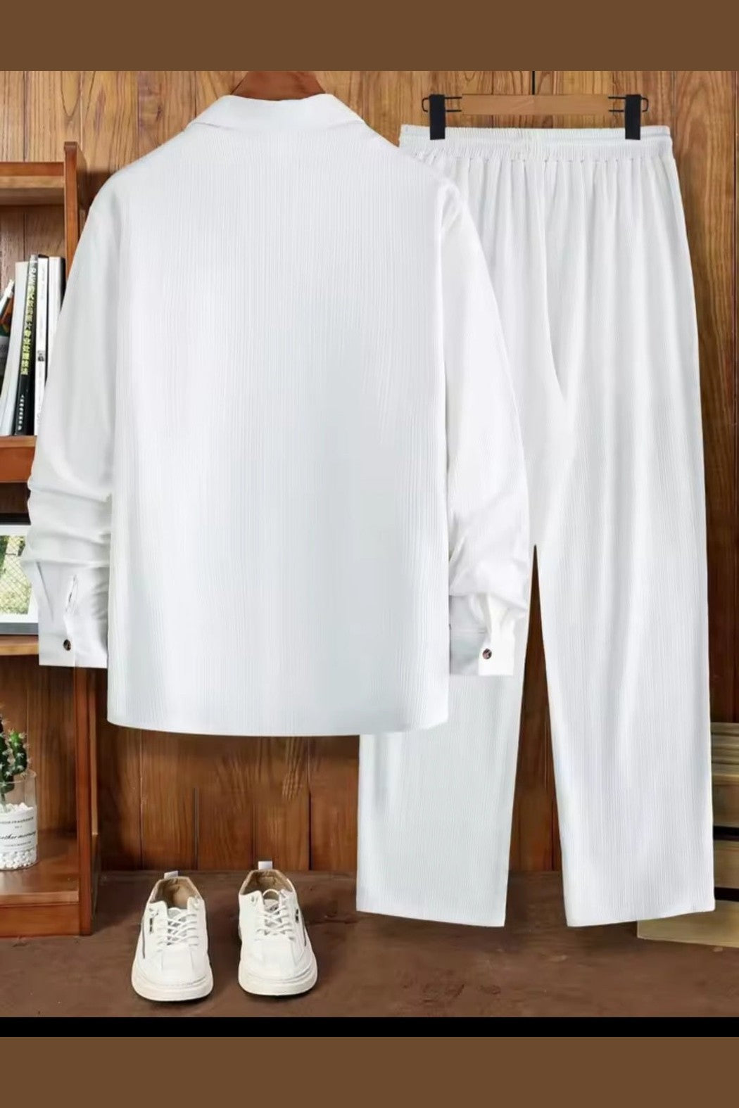 Men's 2 Piece Vertical Striped Textured Outfit – White Lapel Shirt & Drawstring Pants Set - GLITCH-BELLE
