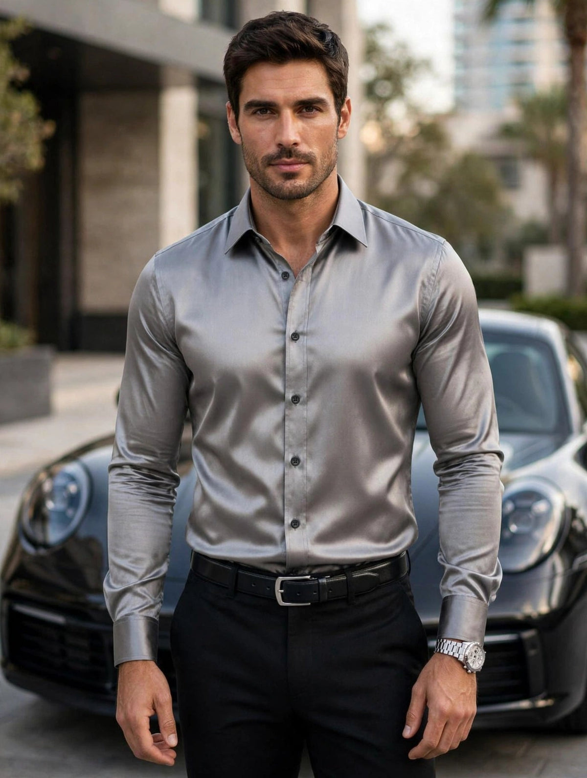 Men's Champagne Gold Satin Silk Dress Shirt - GLITCH-BELLE