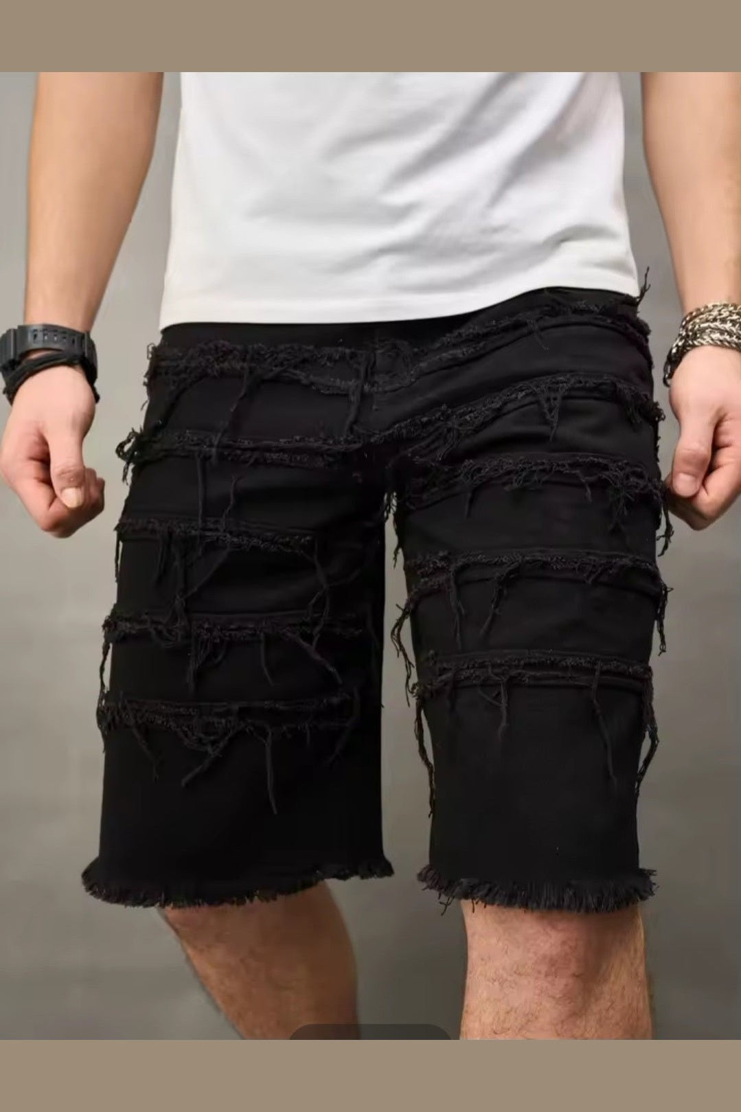 Men's Distressed Denim Shorts – Black Straight-Leg Street Style - GLITCH-BELLE