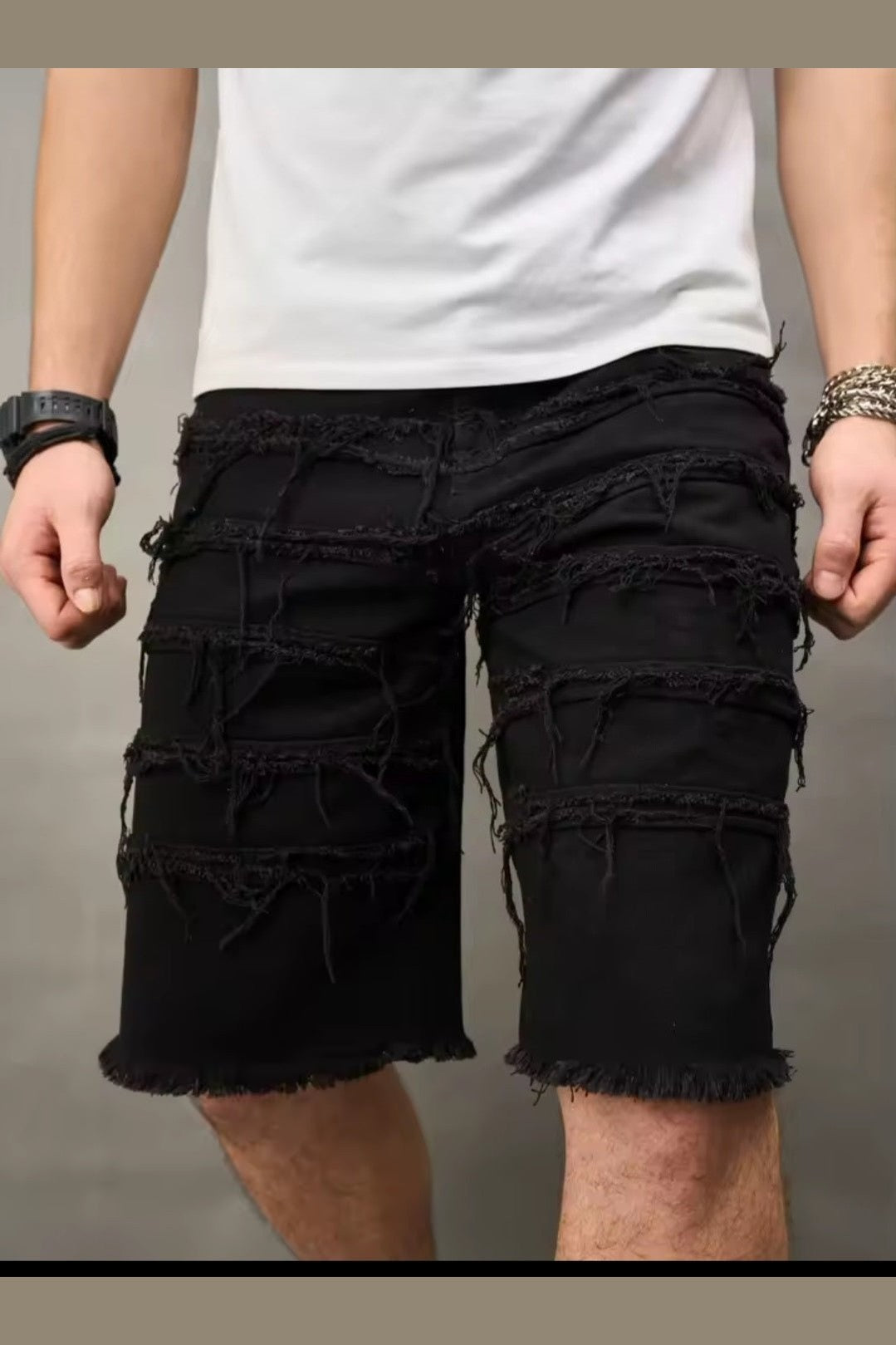Men's Distressed Denim Shorts – Black Straight-Leg Street Style - GLITCH-BELLE