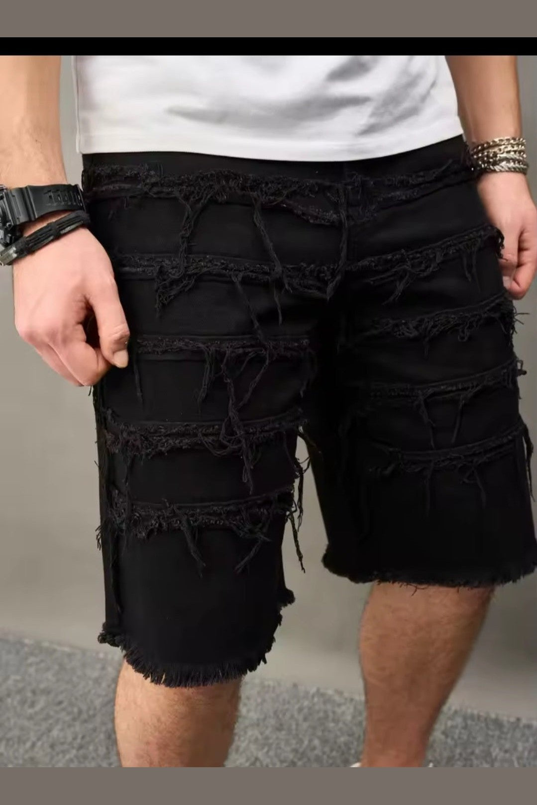 Men's Distressed Denim Shorts – Black Straight-Leg Street Style - GLITCH-BELLE