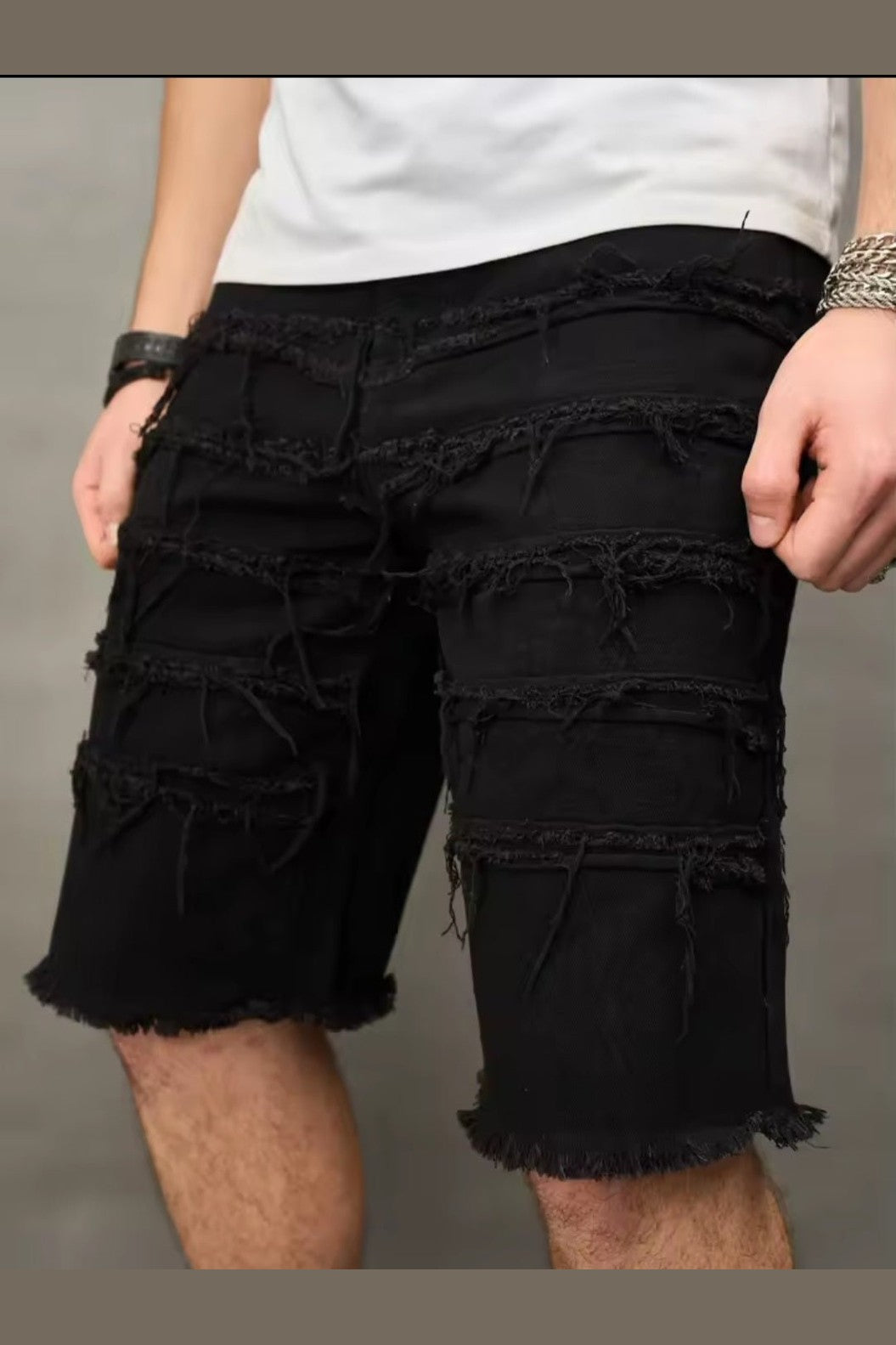 Men's Distressed Denim Shorts – Black Straight-Leg Street Style - GLITCH-BELLE