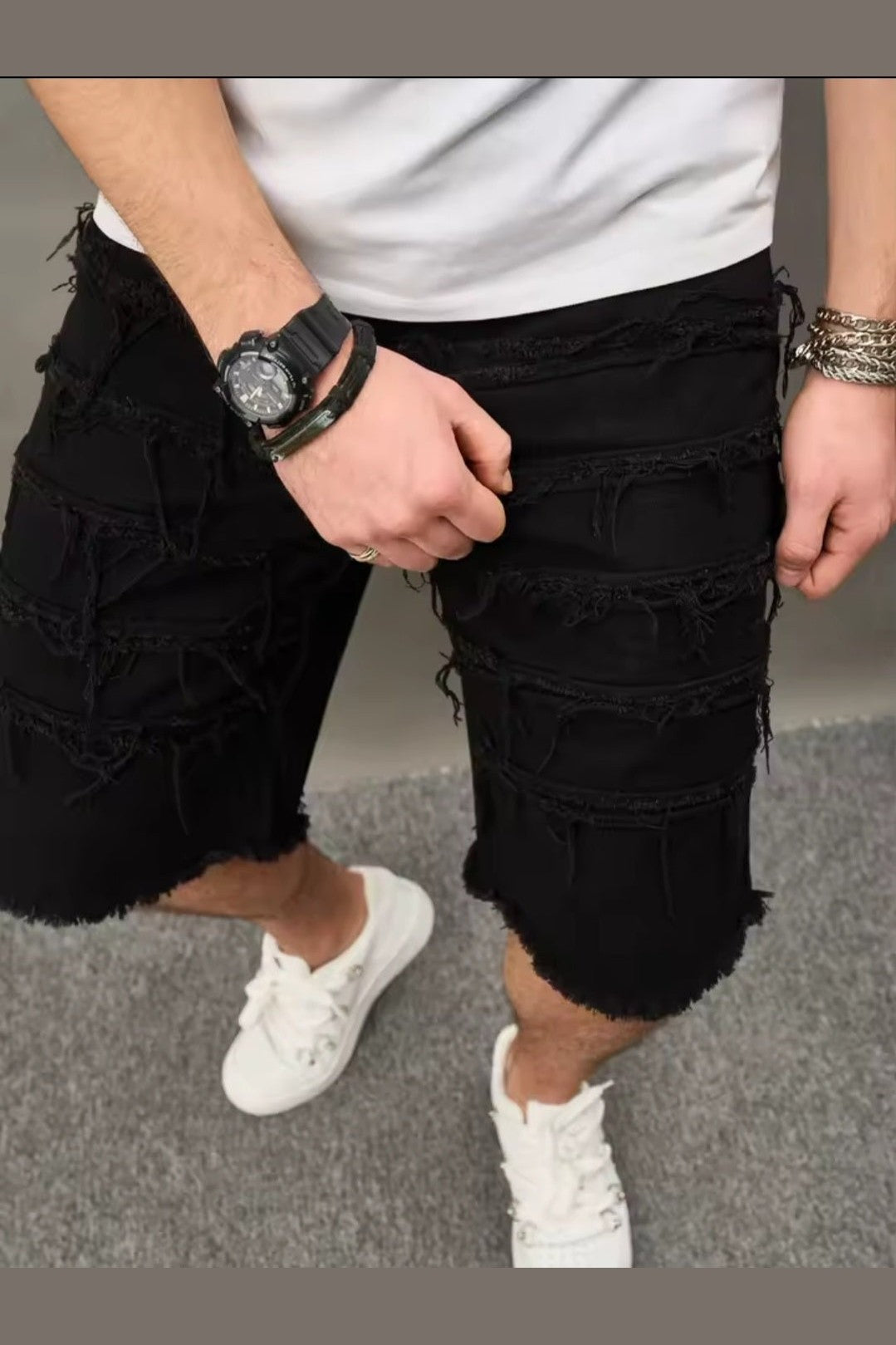 Men's Distressed Denim Shorts – Black Straight-Leg Street Style - GLITCH-BELLE