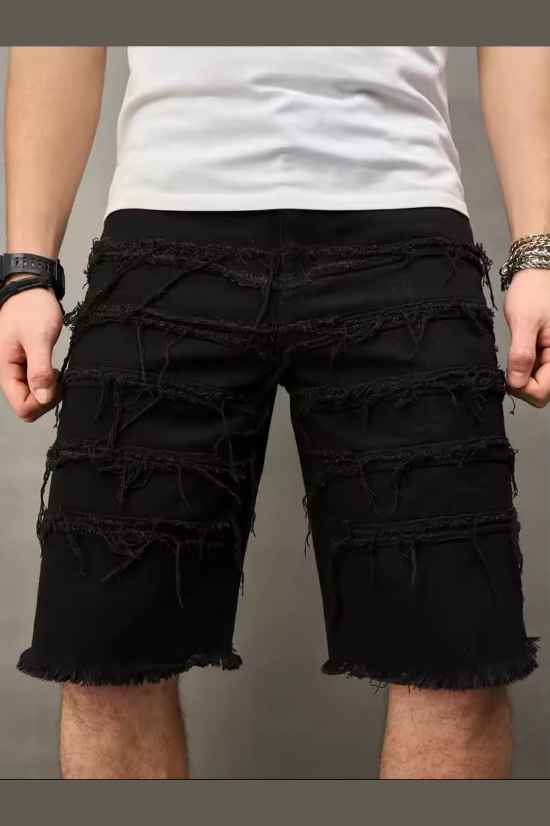 Men's Distressed Denim Shorts – Black Straight-Leg Street Style - GLITCH-BELLE