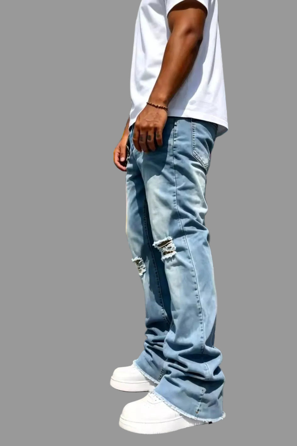 Men's Distressed Flared Denim Jeans – Knee Rips & Frayed Hem - GLITCH-BELLE