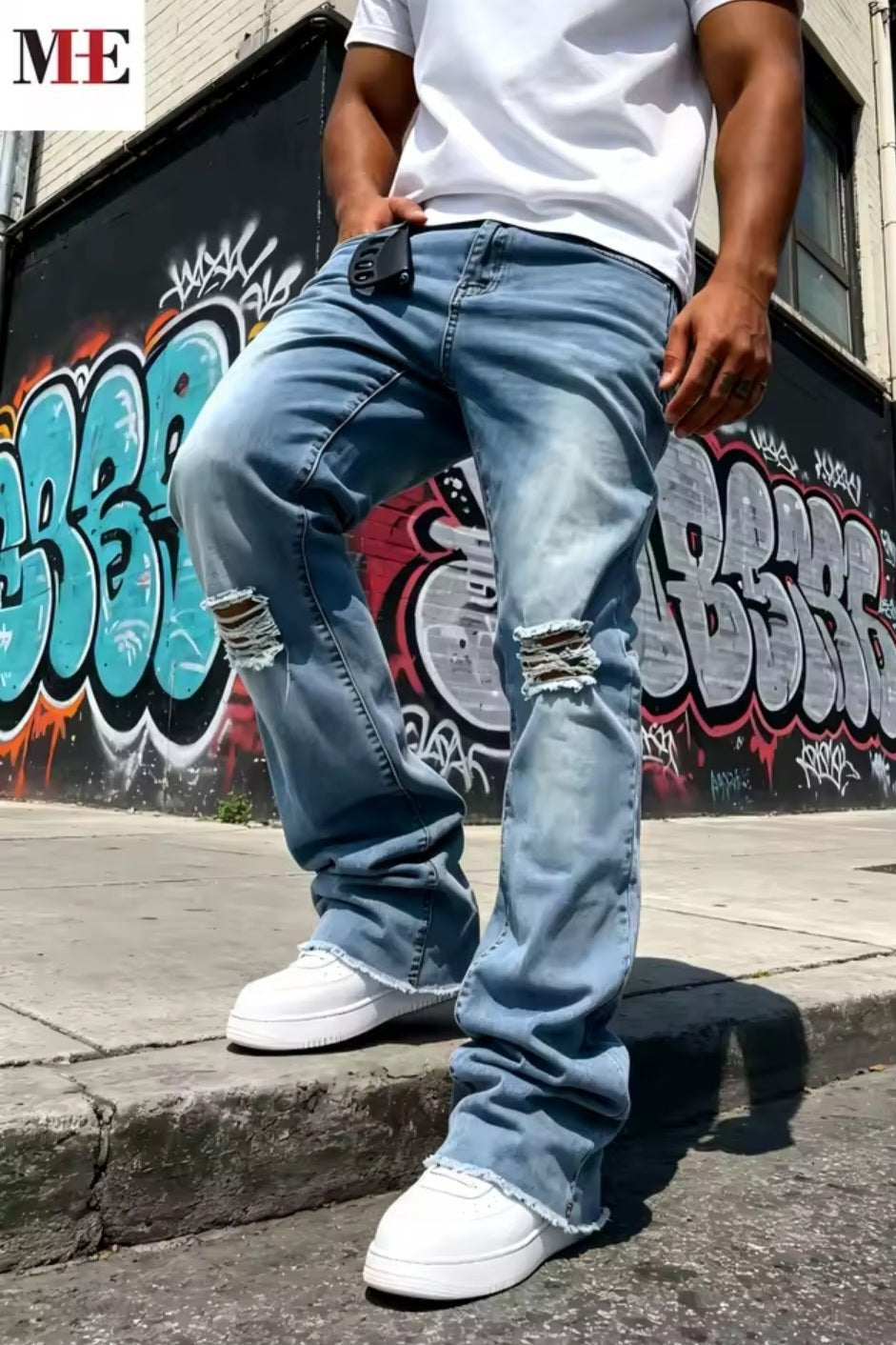 Men's Distressed Flared Denim Jeans – Knee Rips & Frayed Hem - GLITCH-BELLE