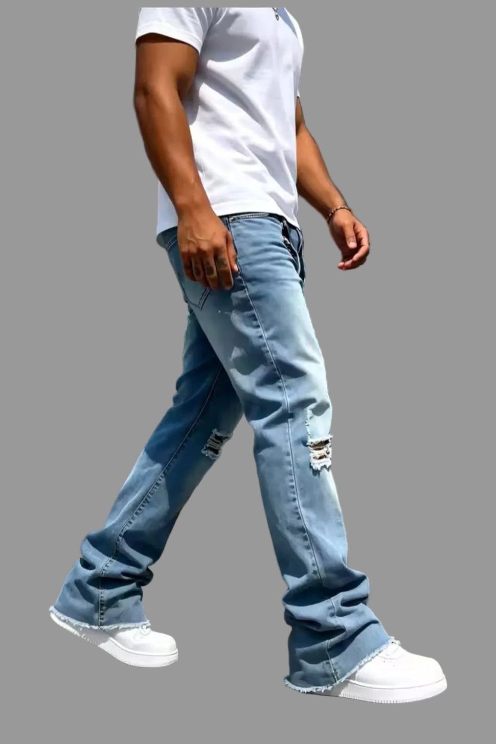 Men's Distressed Flared Denim Jeans – Knee Rips & Frayed Hem - GLITCH-BELLE