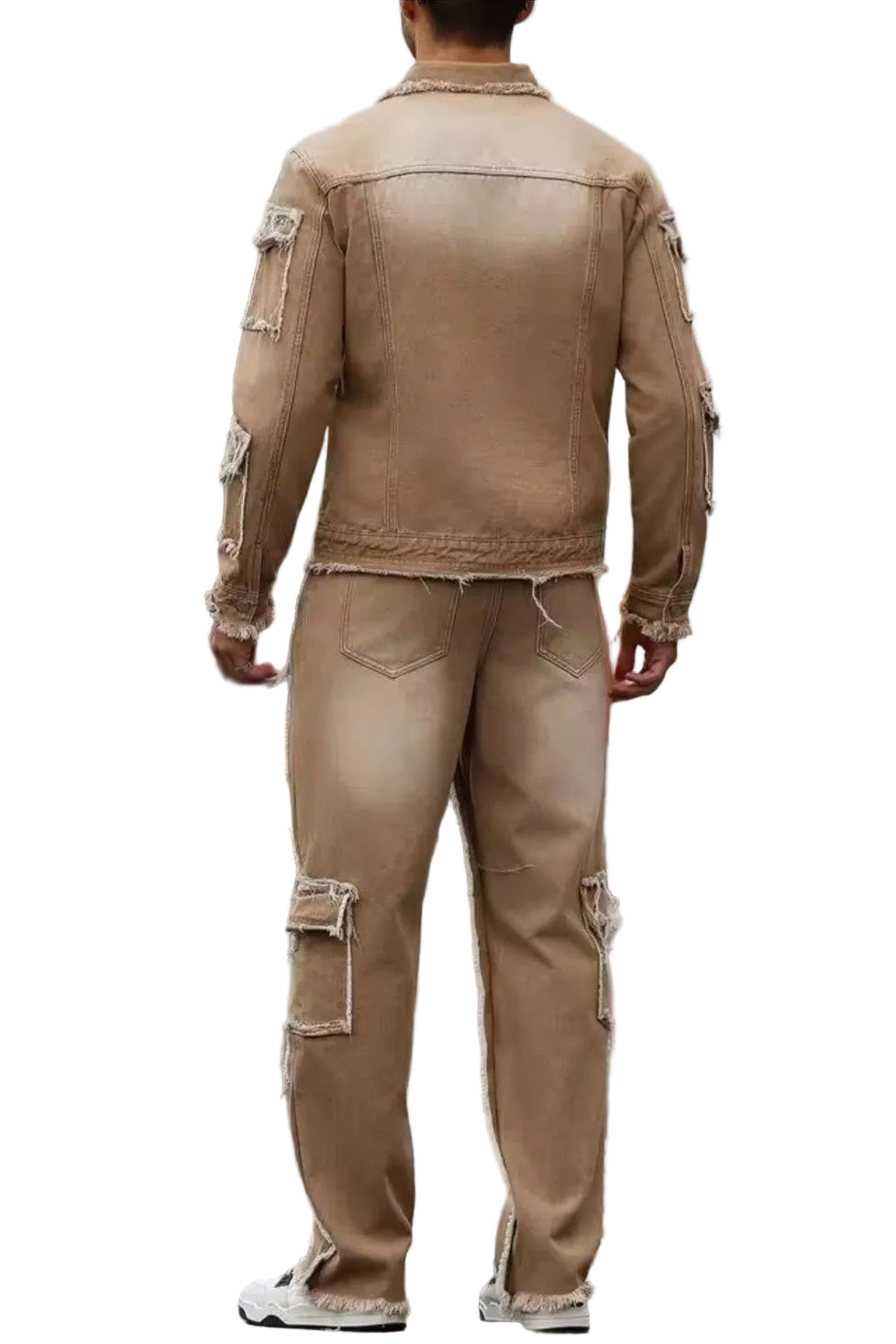 Men's Distressed Patchwork Denim Set – Khaki Frayed Jacket & Wide Leg Jeans - GLITCH-BELLE