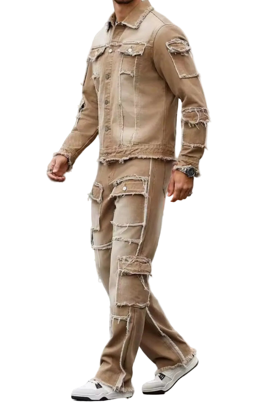 Men's Distressed Patchwork Denim Set – Khaki Frayed Jacket & Wide Leg Jeans - GLITCH-BELLE