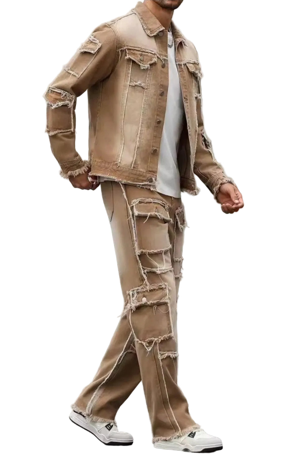 Men's Distressed Patchwork Denim Set – Khaki Frayed Jacket & Wide Leg Jeans - GLITCH-BELLE