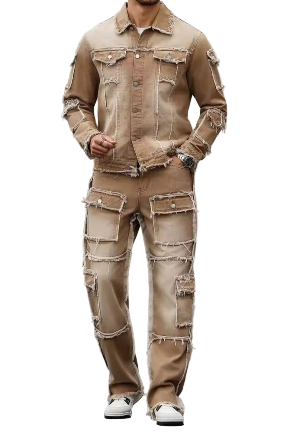 Men's Distressed Patchwork Denim Set – Khaki Frayed Jacket & Wide Leg Jeans - GLITCH-BELLE