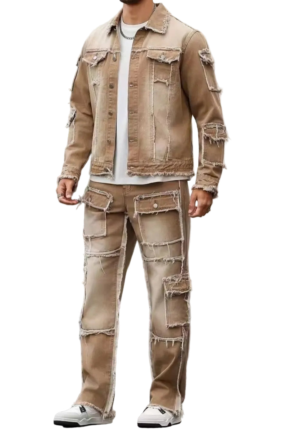 Men's Distressed Patchwork Denim Set – Khaki Frayed Jacket & Wide Leg Jeans - GLITCH-BELLE