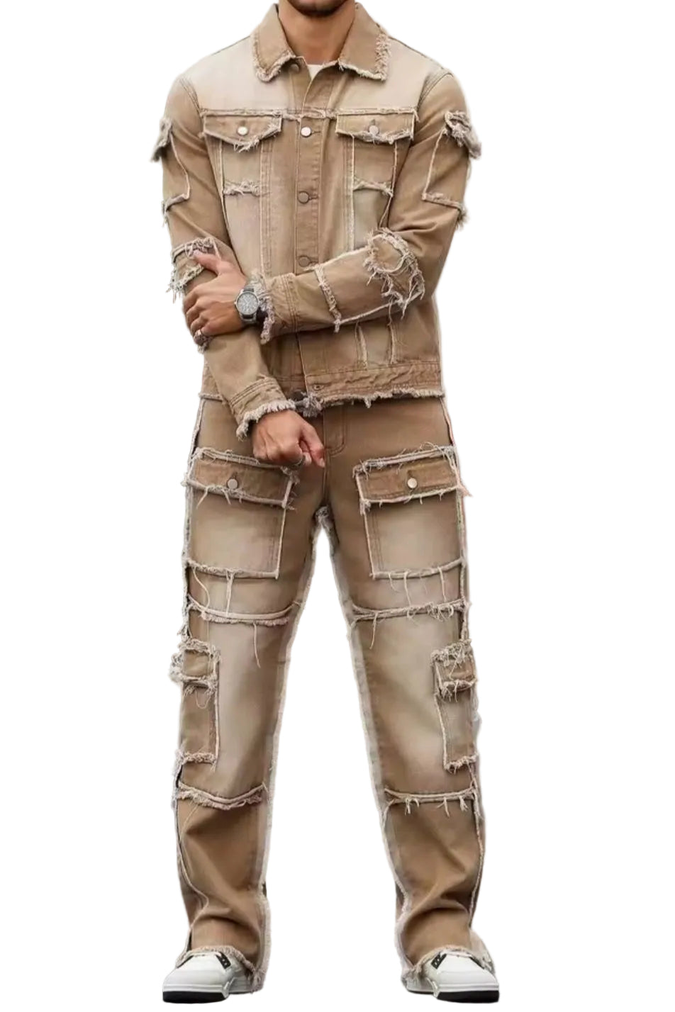 Men's Distressed Patchwork Denim Set – Khaki Frayed Jacket & Wide Leg Jeans - GLITCH-BELLE