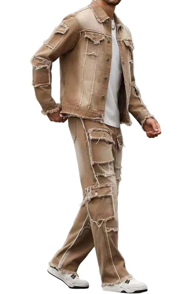 Men's Distressed Patchwork Denim Set – Khaki Frayed Jacket & Wide Leg Jeans - GLITCH-BELLE