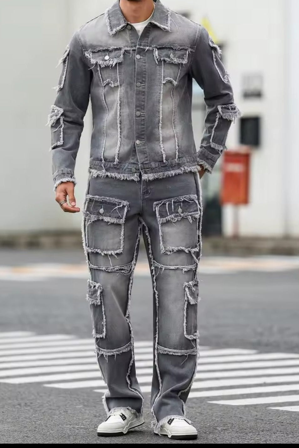 Men's Distressed Raw-Hem Grey Denim Set - GLITCH-BELLE