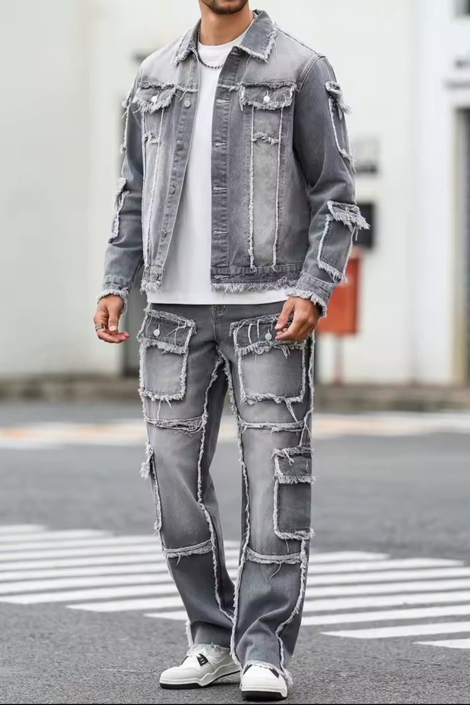 Men's Distressed Raw-Hem Grey Denim Set - GLITCH-BELLE