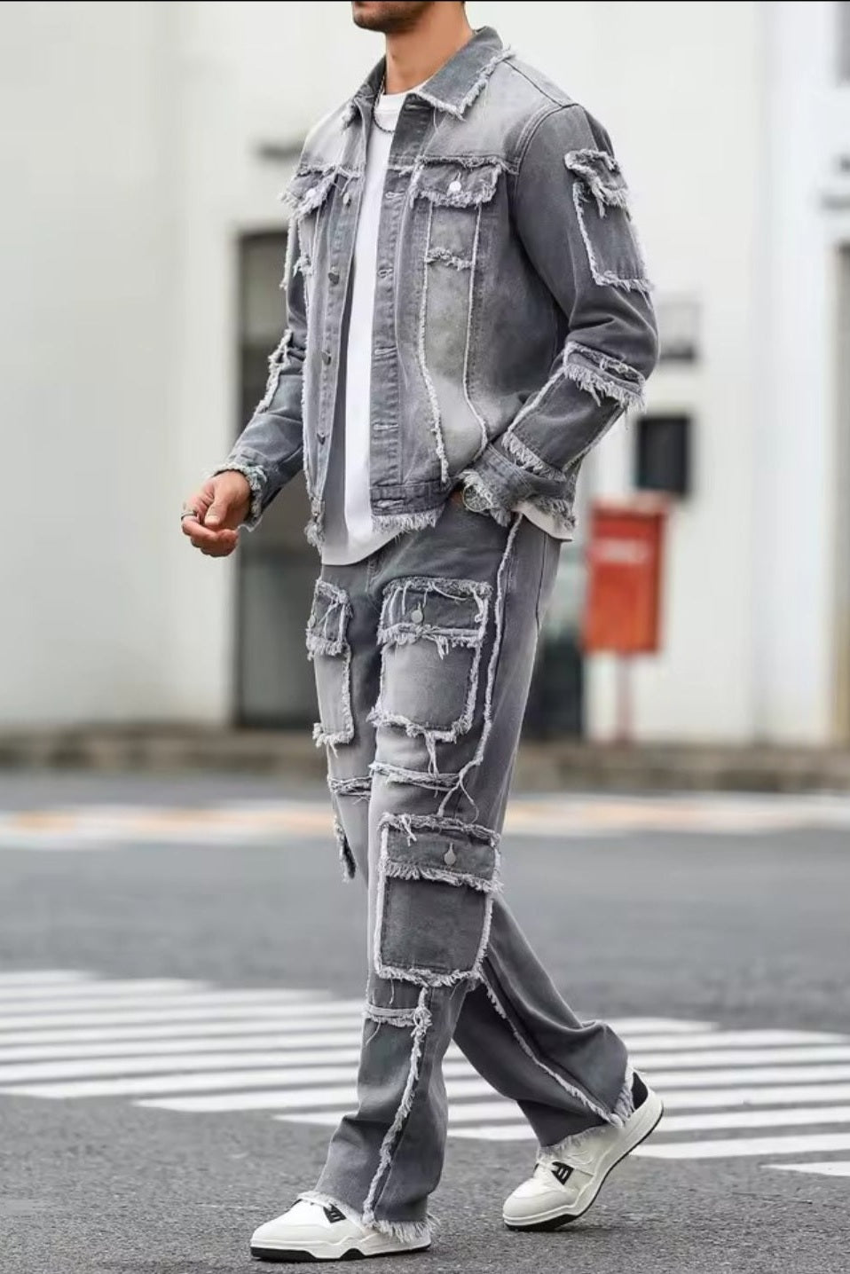 Men's Distressed Raw-Hem Grey Denim Set - GLITCH-BELLE