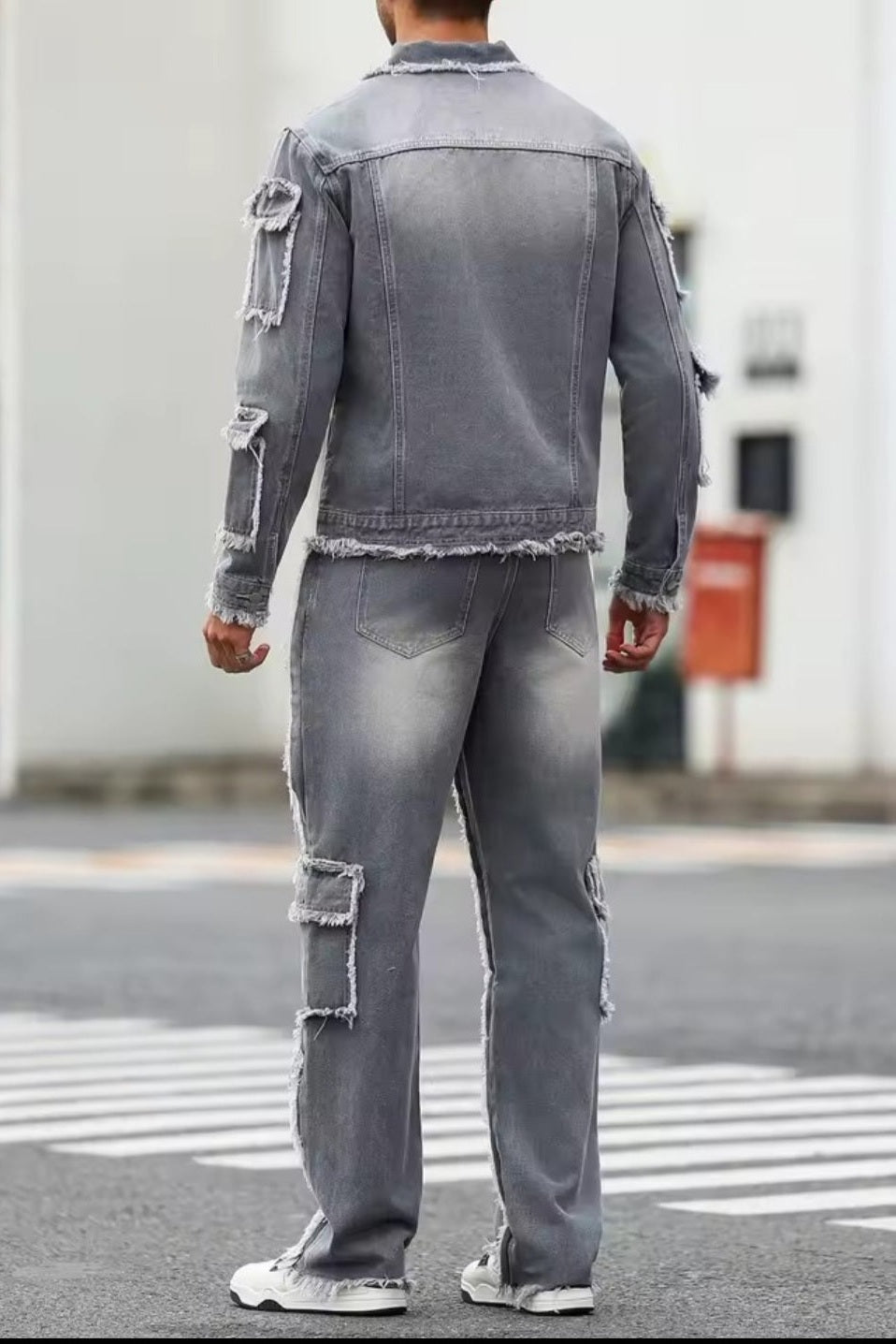 Men's Distressed Raw-Hem Grey Denim Set - GLITCH-BELLE