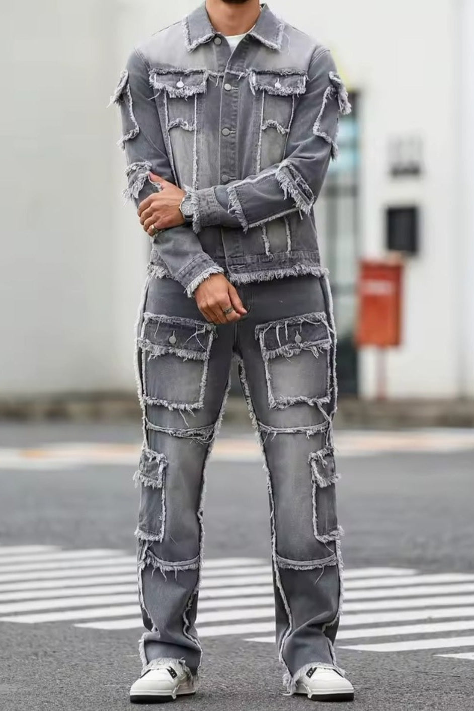 Men's Distressed Raw-Hem Grey Denim Set - GLITCH-BELLE