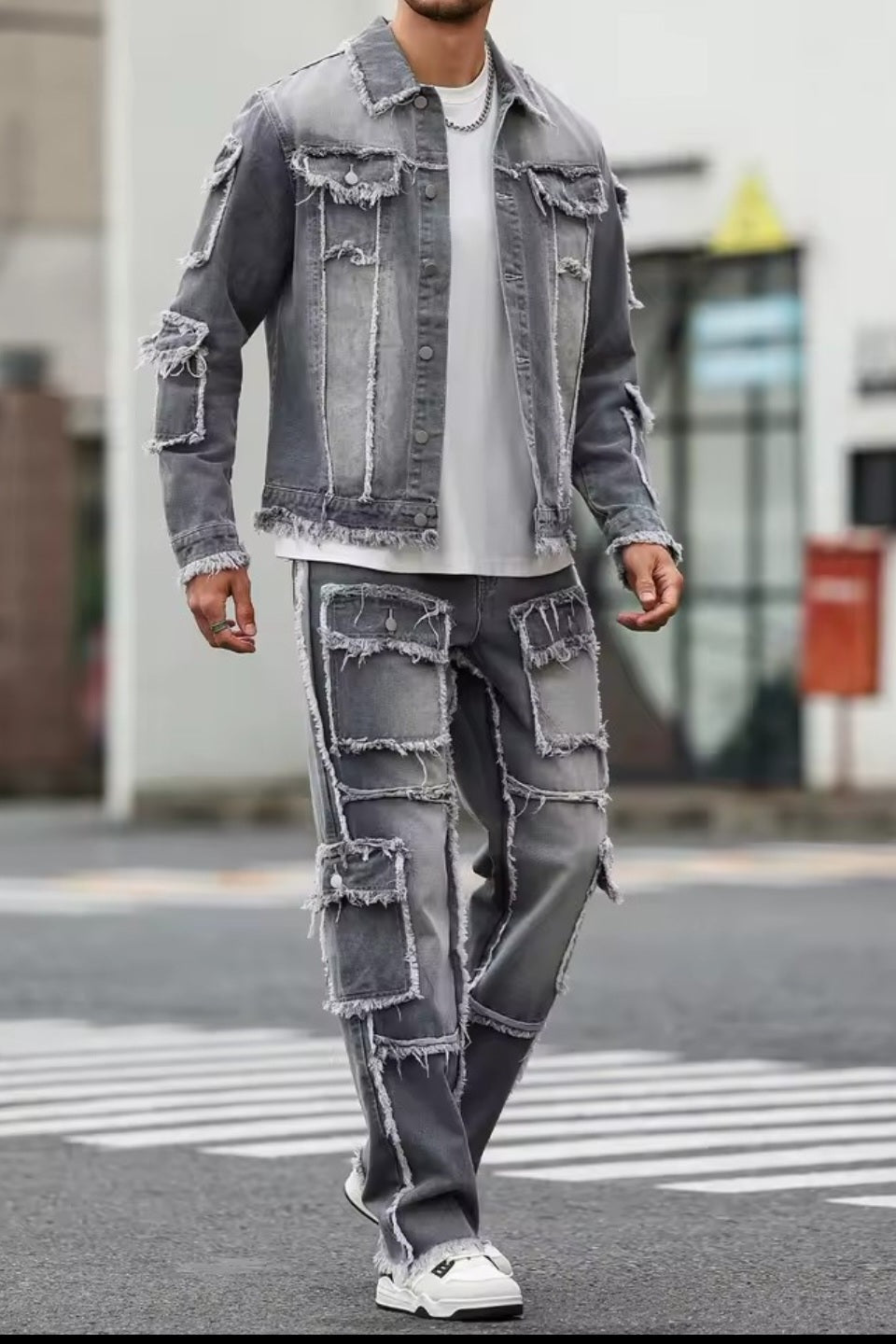 Men's Distressed Raw-Hem Grey Denim Set - GLITCH-BELLE