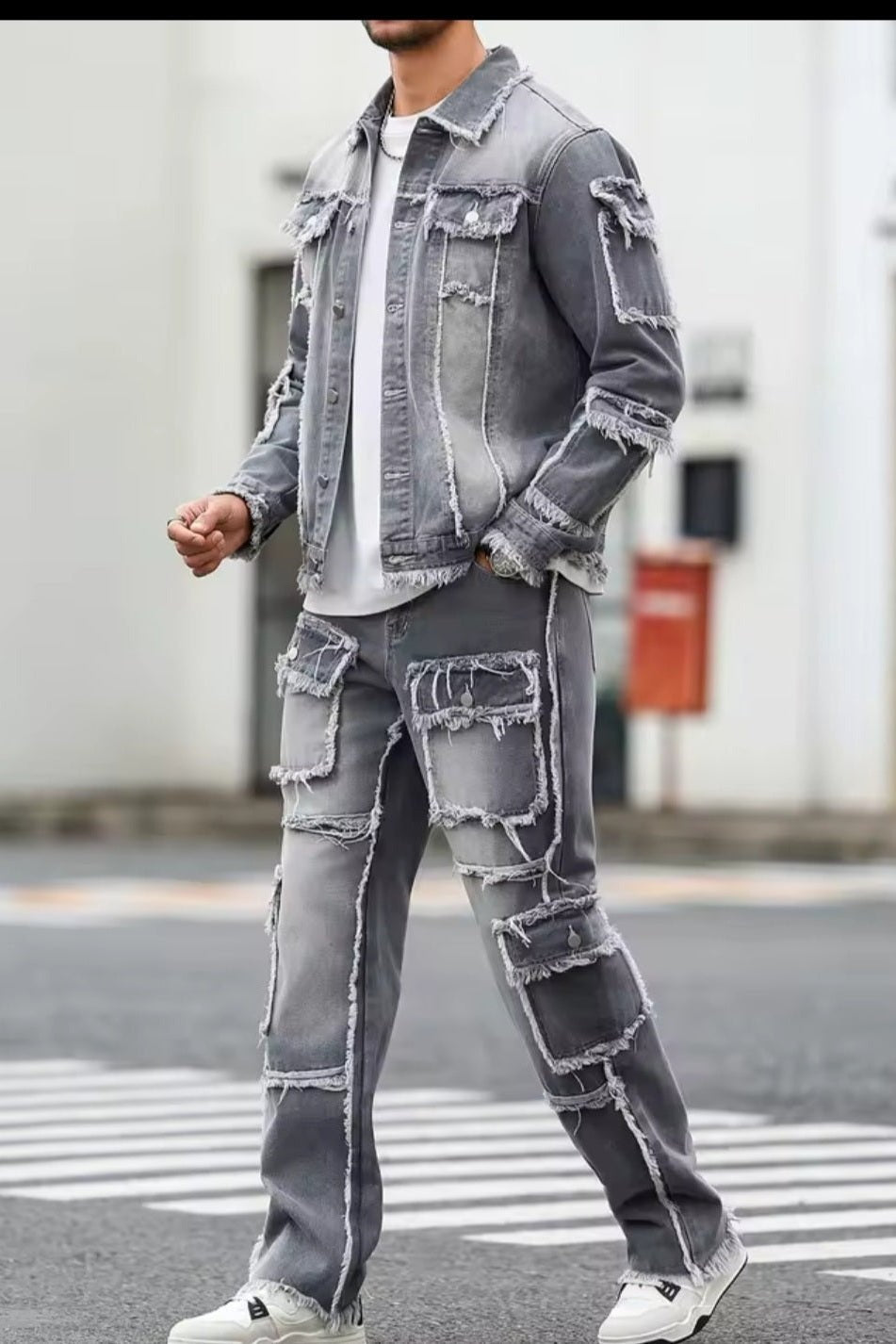 Men's Distressed Raw-Hem Grey Denim Set - GLITCH-BELLE