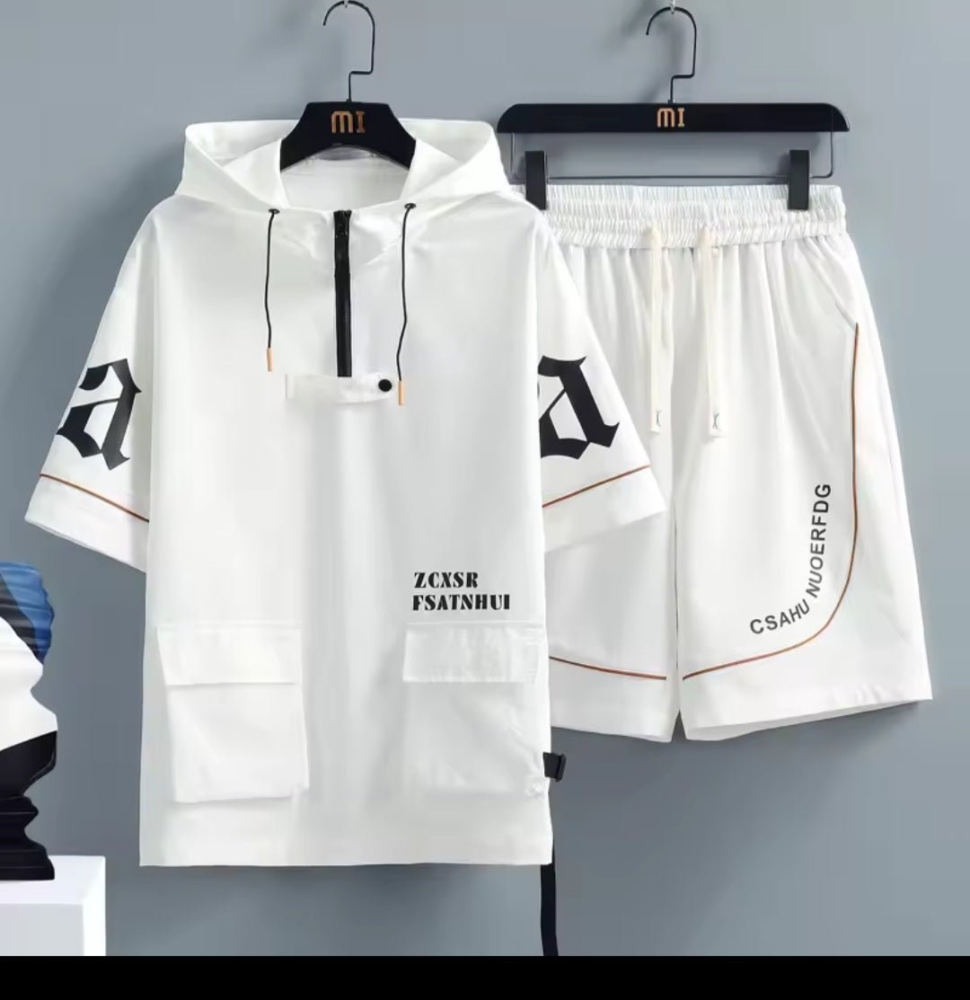 Men's Hip Hop Tracksuit Set – Short Sleeve Hoodie & Elastic Waist Shorts - GLITCH - BELLE
