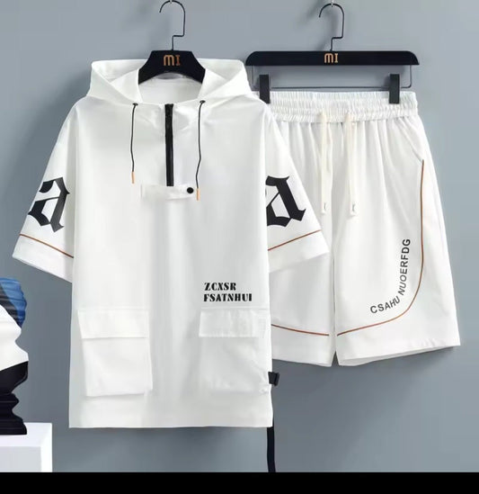Men's Hip Hop Tracksuit Set – Short Sleeve Hoodie & Elastic Waist Shorts - GLITCH - BELLE