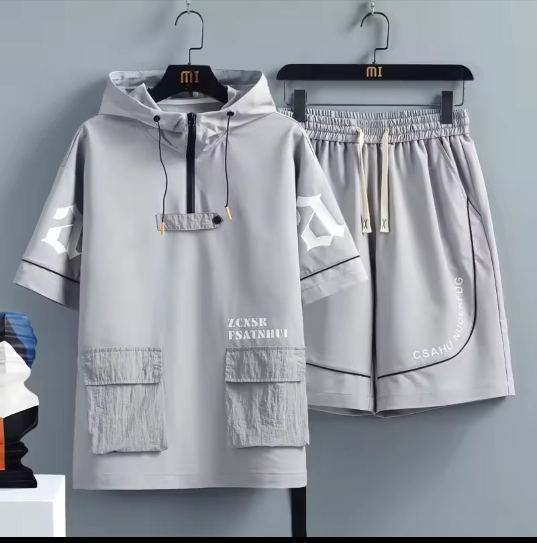 Men's Hip Hop Tracksuit Set – Short Sleeve Hoodie & Elastic Waist Shorts - GLITCH - BELLE