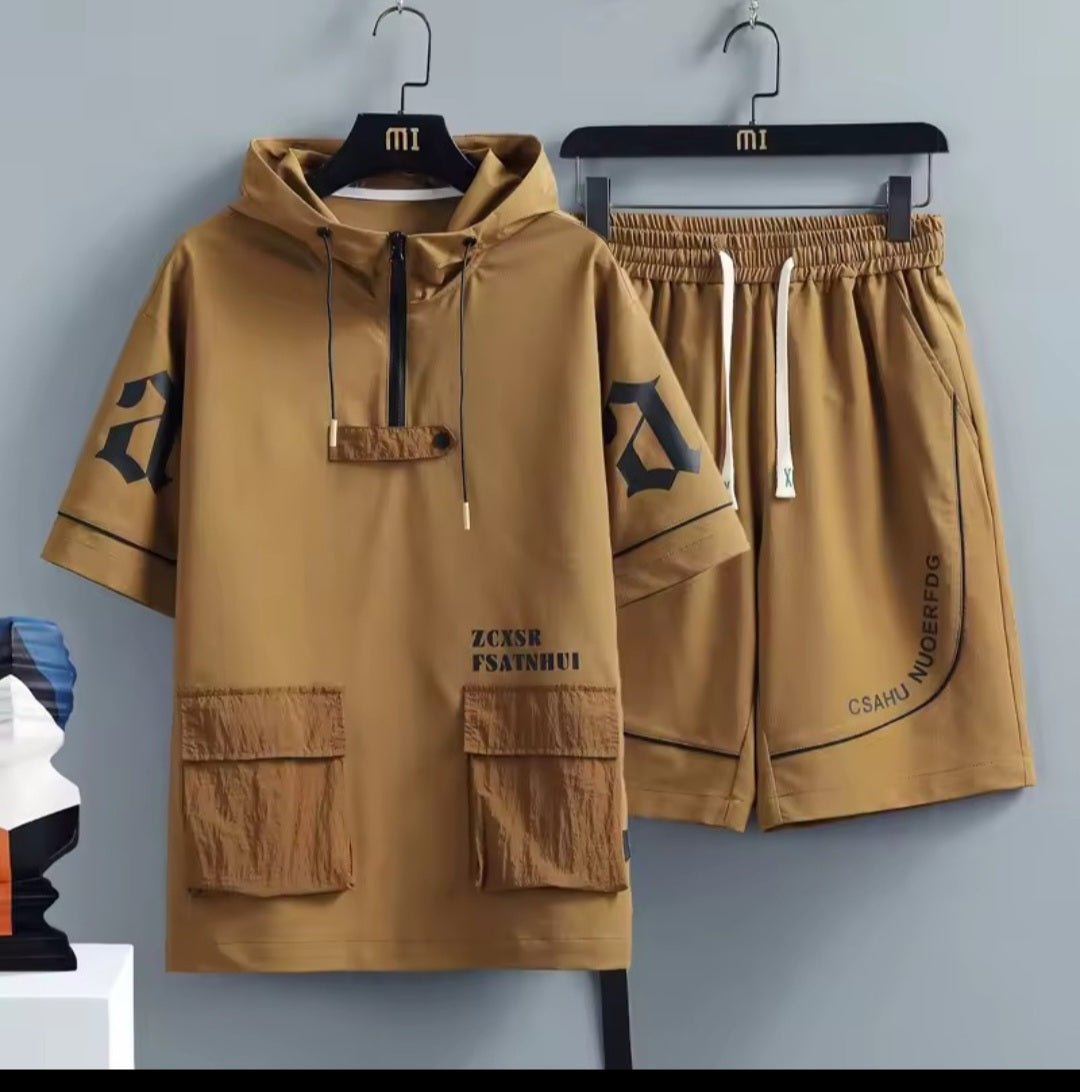 Men's Hip Hop Tracksuit Set – Short Sleeve Hoodie & Elastic Waist Shorts - GLITCH - BELLE