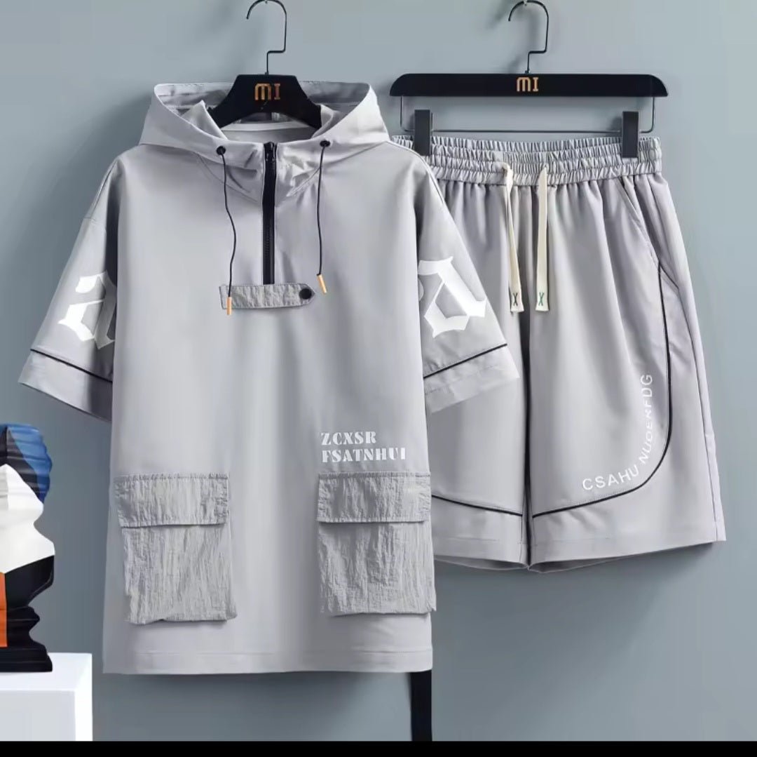 Men's Hip Hop Tracksuit Set – Short Sleeve Hoodie & Elastic Waist Shorts - GLITCH - BELLE