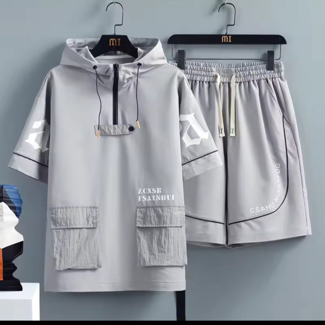 Men's Hip Hop Tracksuit Set – Short Sleeve Hoodie & Elastic Waist Shorts - GLITCH - BELLE