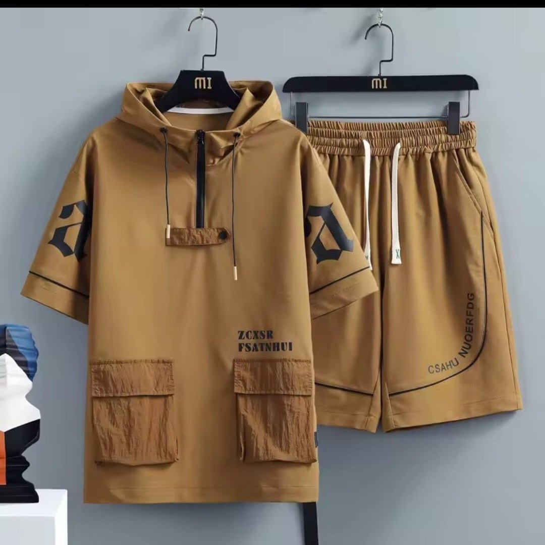 Men's Hip Hop Tracksuit Set – Short Sleeve Hoodie & Elastic Waist Shorts - GLITCH - BELLE