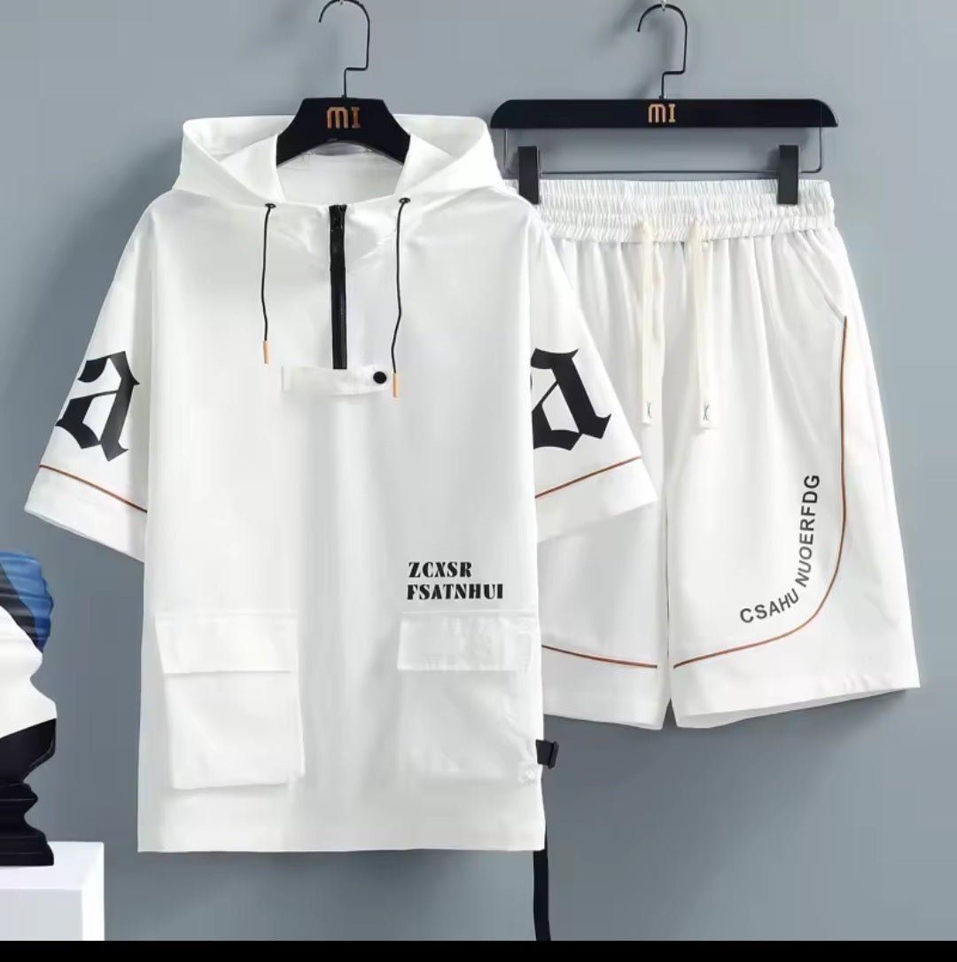 Men's Hip Hop Tracksuit Set – Short Sleeve Hoodie & Elastic Waist Shorts - GLITCH - BELLE