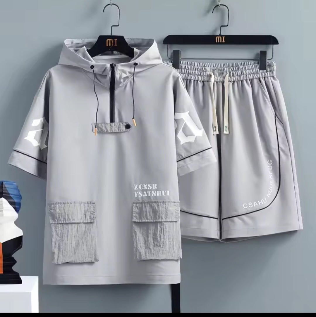 Men's Hip Hop Tracksuit Set – Short Sleeve Hoodie & Elastic Waist Shorts - GLITCH - BELLE