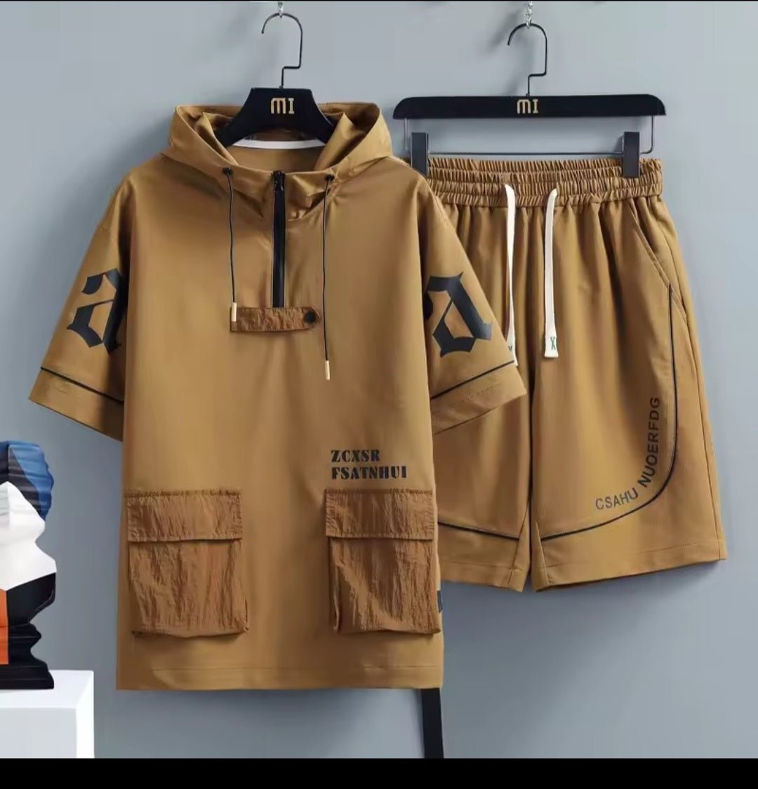Men's Hip Hop Tracksuit Set – Short Sleeve Hoodie & Elastic Waist Shorts - GLITCH - BELLE