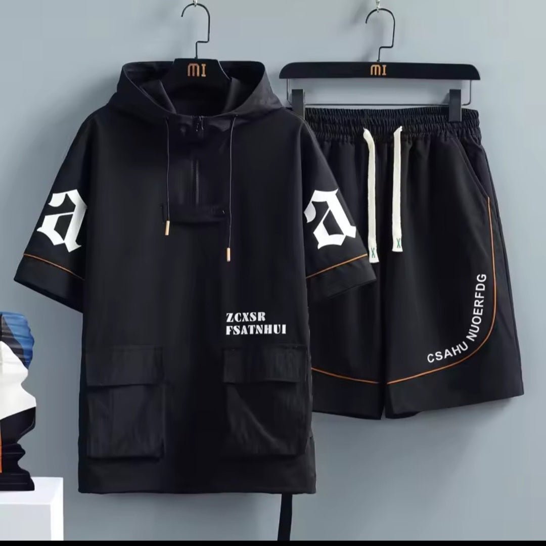 Men's Hip Hop Tracksuit Set – Short Sleeve Hoodie & Elastic Waist Shorts - GLITCH - BELLE