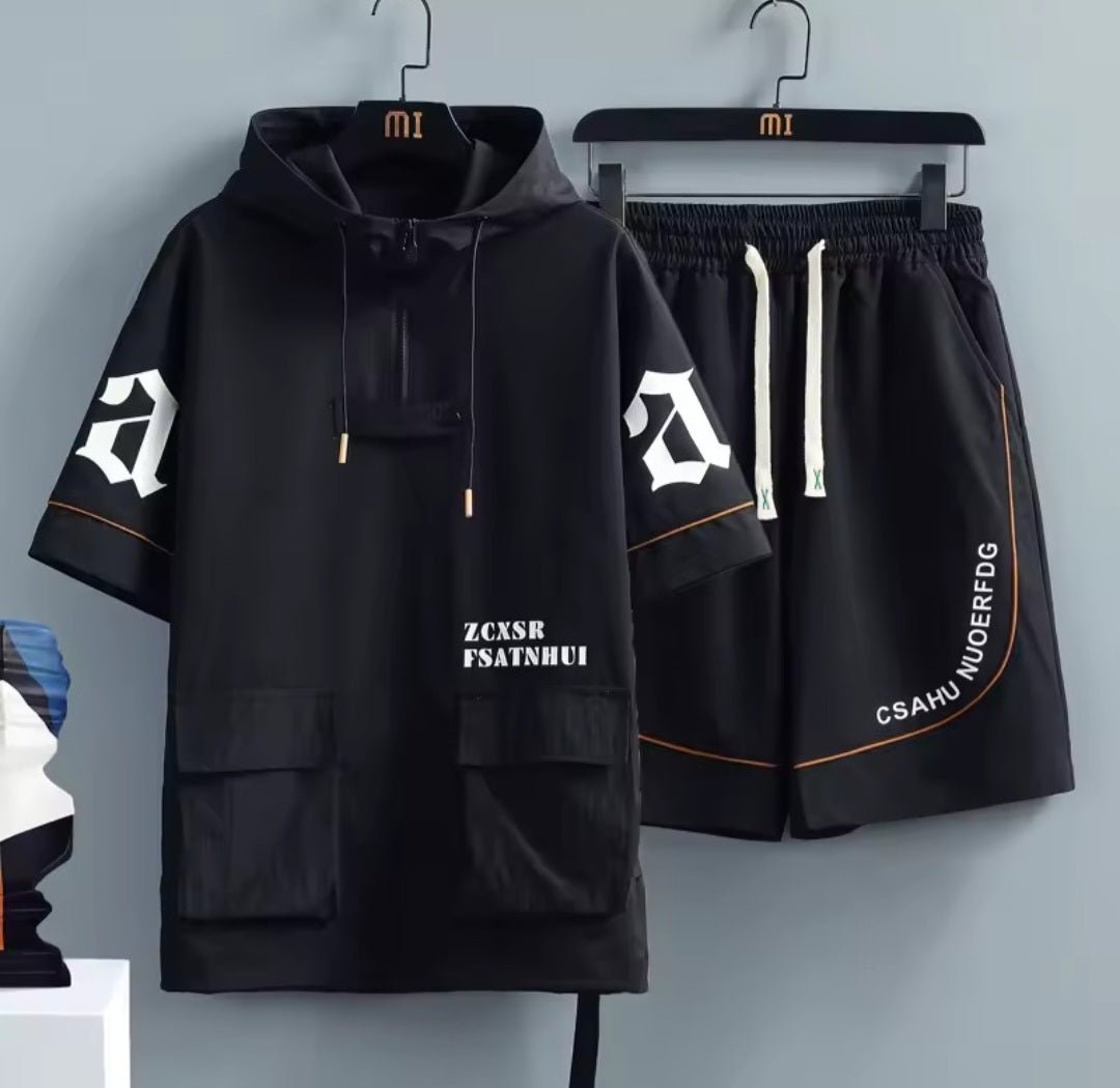 Men's Hip Hop Tracksuit Set – Short Sleeve Hoodie & Elastic Waist Shorts - GLITCH - BELLE