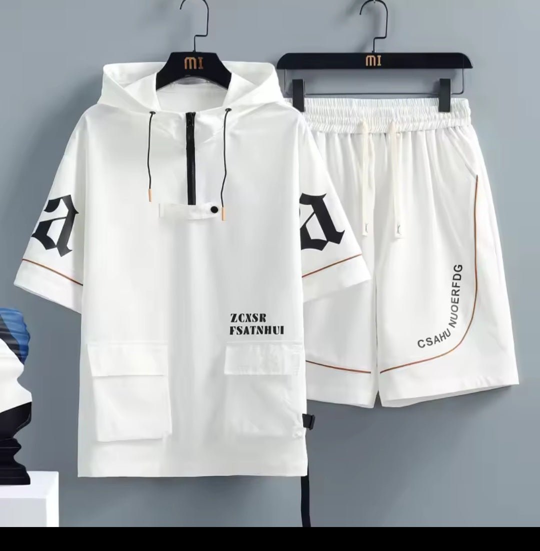 Men's Hip Hop Tracksuit Set – Short Sleeve Hoodie & Elastic Waist Shorts - GLITCH - BELLE