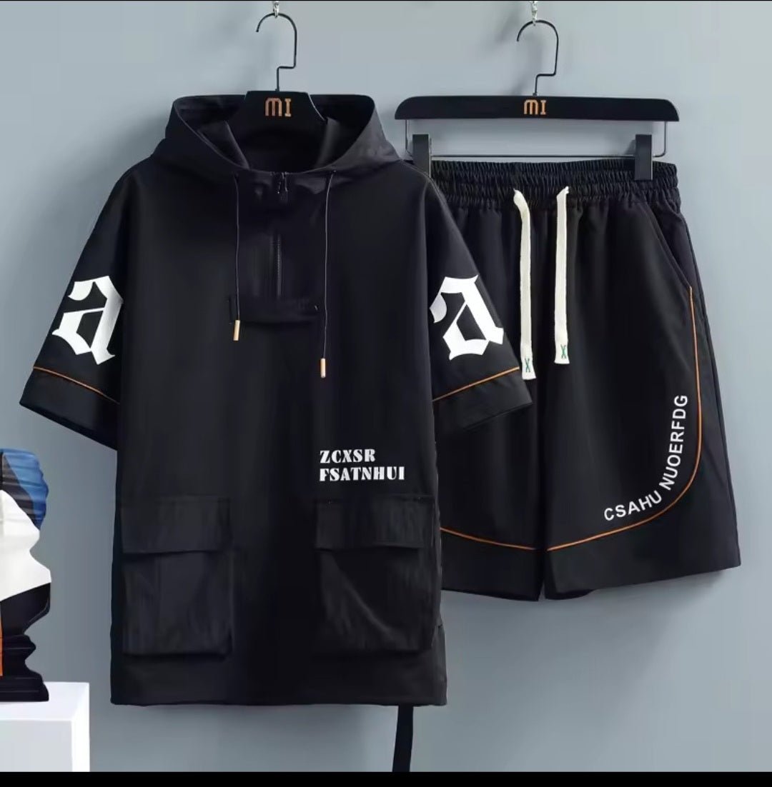 Men's Hip Hop Tracksuit Set – Short Sleeve Hoodie & Elastic Waist Shorts - GLITCH - BELLE