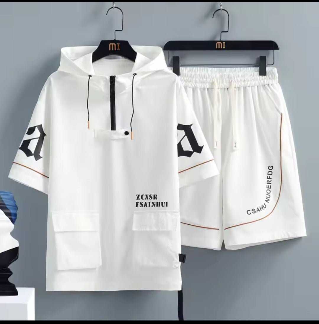 Men's Hip Hop Tracksuit Set – Short Sleeve Hoodie & Elastic Waist Shorts - GLITCH - BELLE