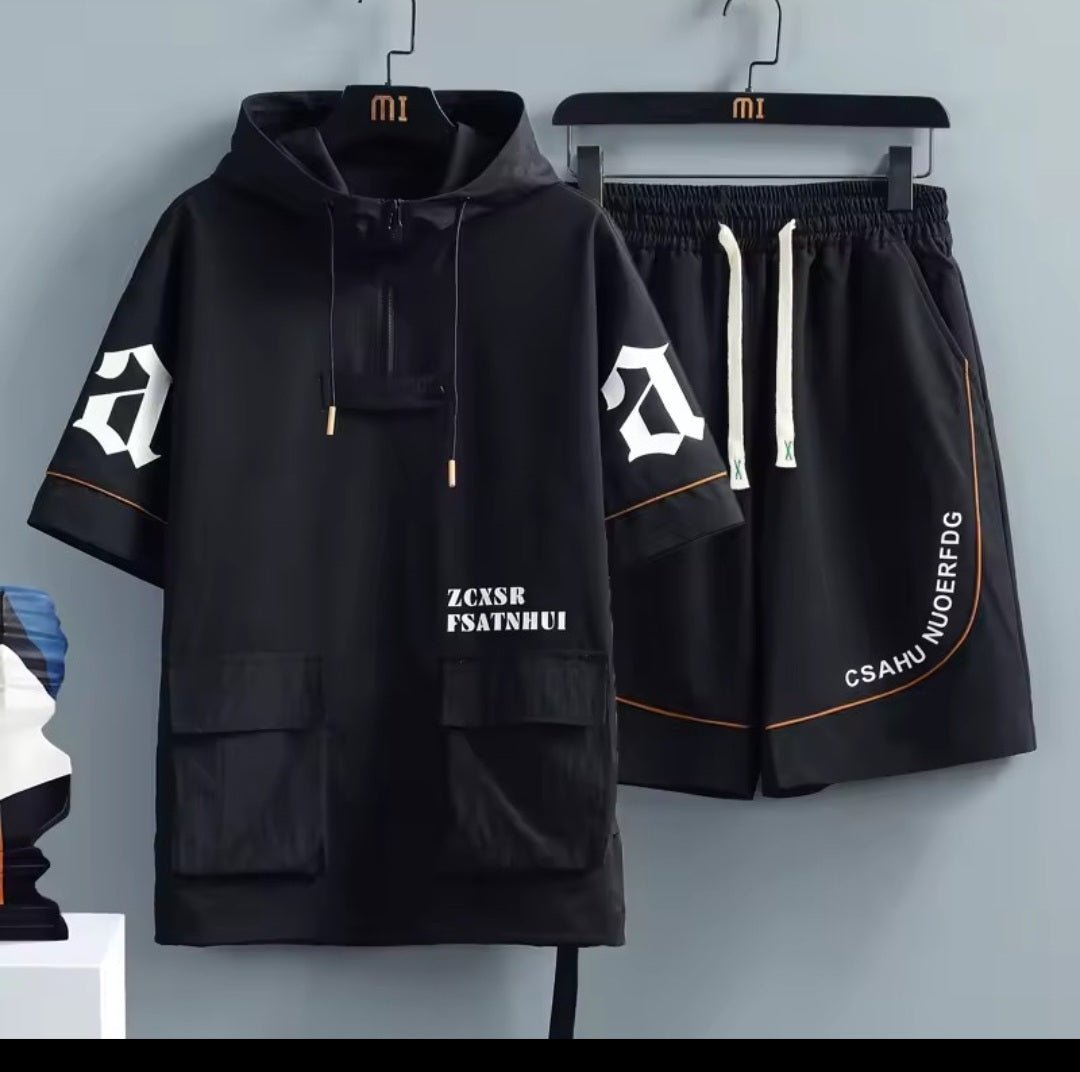Men's Hip Hop Tracksuit Set – Short Sleeve Hoodie & Elastic Waist Shorts - GLITCH - BELLE