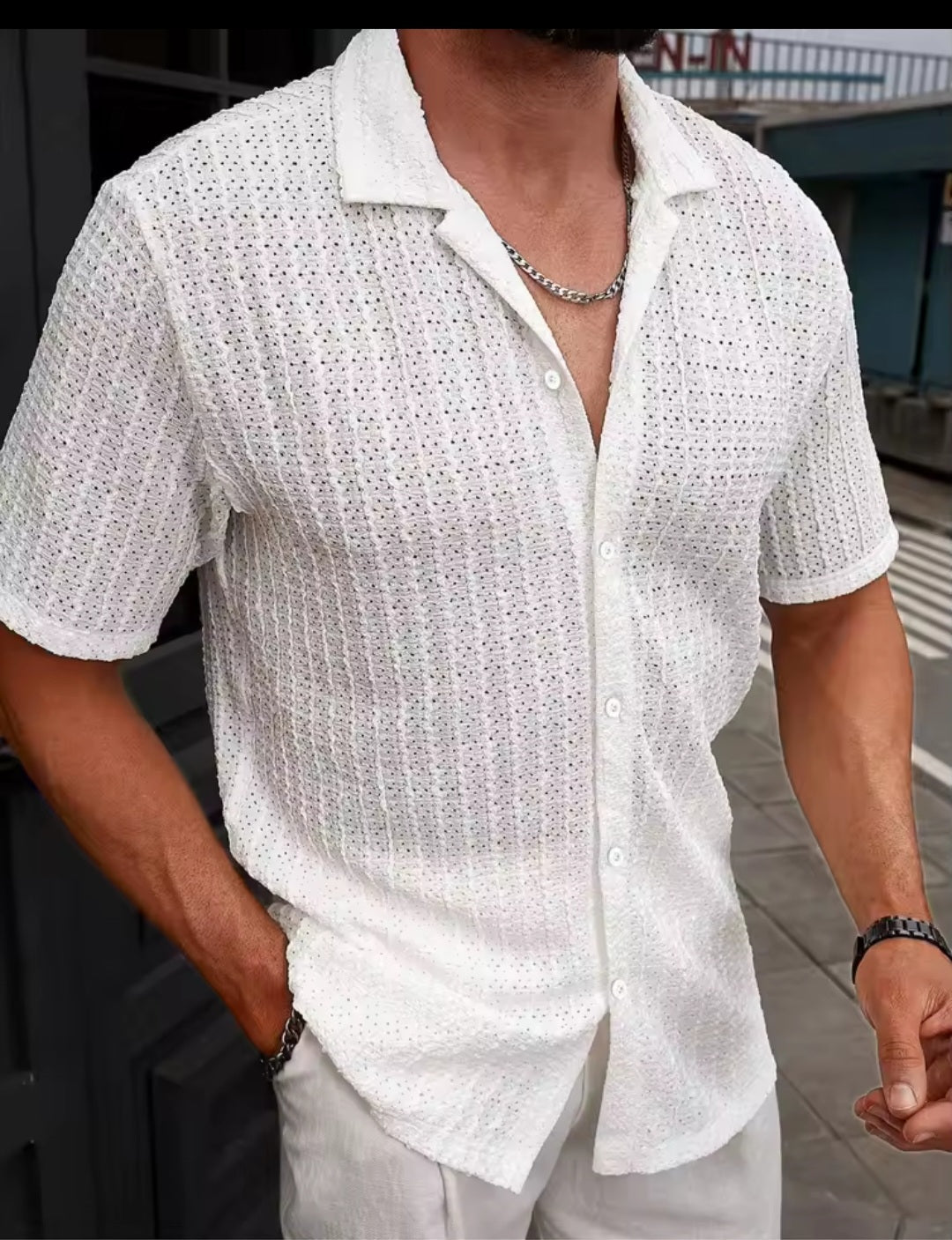 Men's Knit Breathable Short - Sleeve Shirt | Cool - Feel Summer Top - GLITCH - BELLE