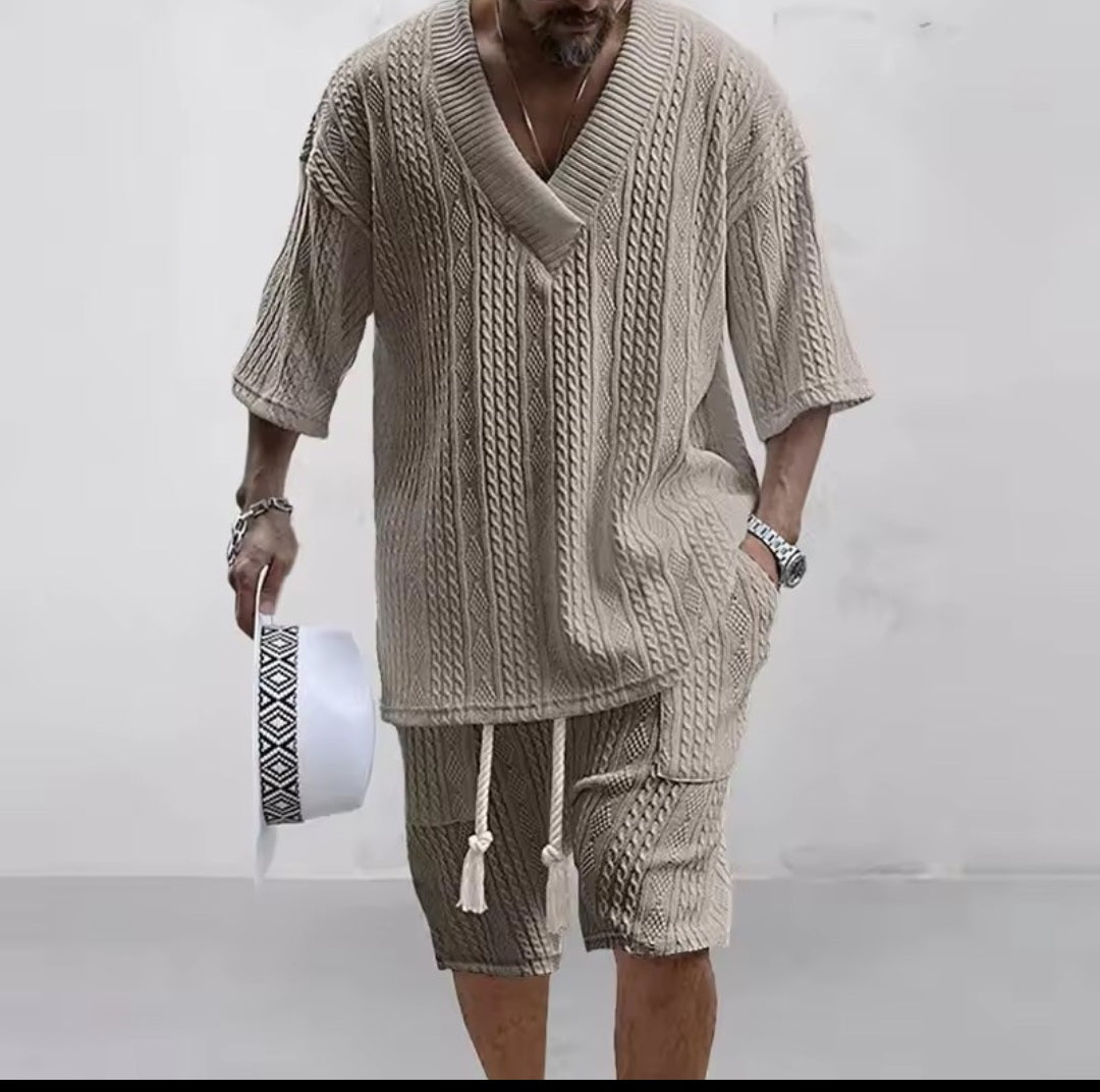 Men's Knitted Two - Piece Short Set – V - Neck Short Sleeve Top & Drawstring Shorts | Street Casual - GLITCH - BELLE