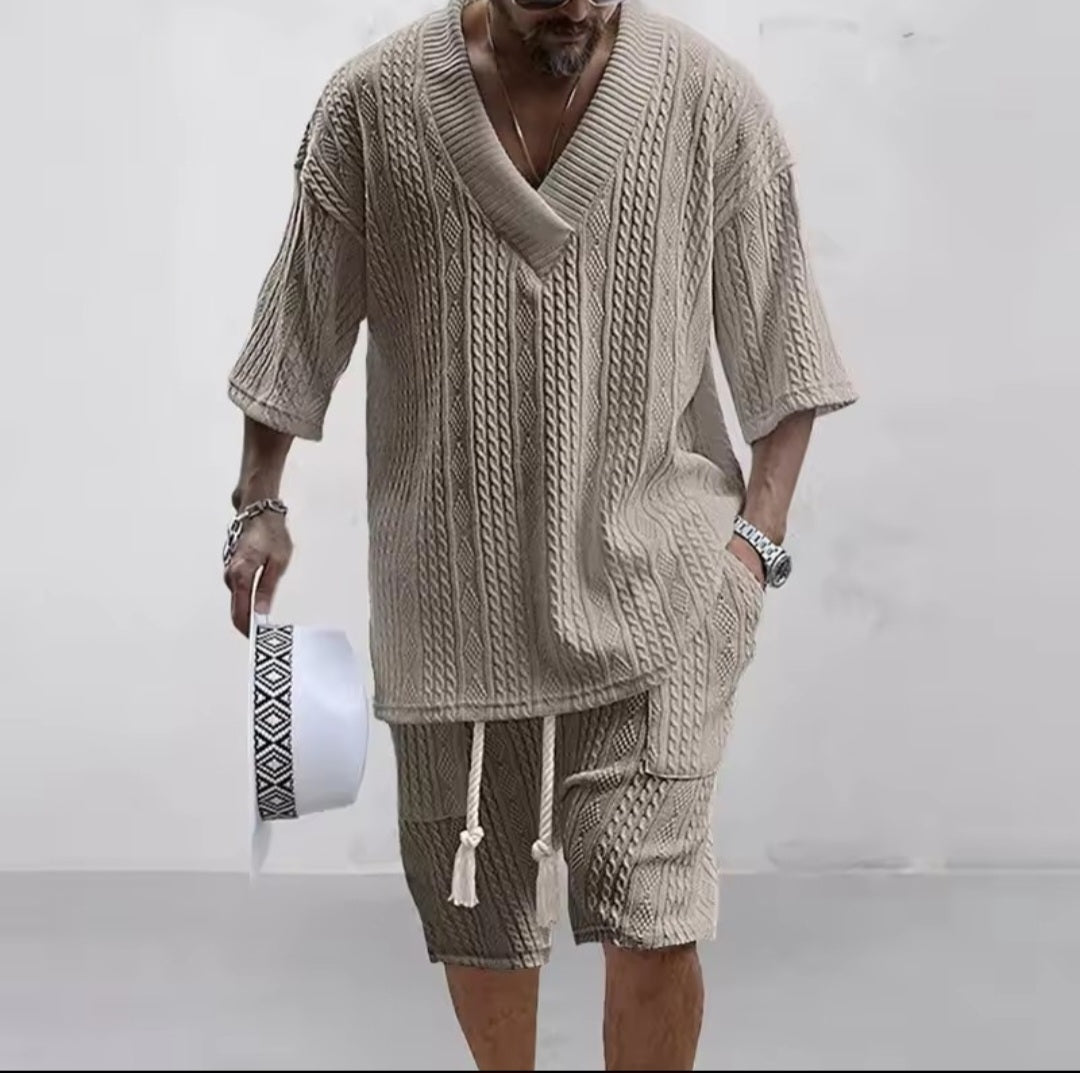 Men's Knitted Two - Piece Short Set – V - Neck Short Sleeve Top & Drawstring Shorts | Street Casual - GLITCH - BELLE