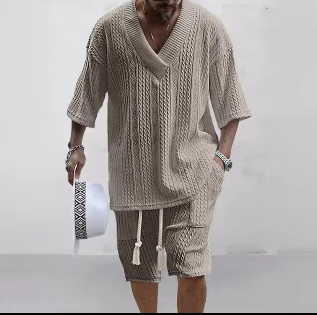 Men's Knitted Two - Piece Short Set – V - Neck Short Sleeve Top & Drawstring Shorts | Street Casual - GLITCH - BELLE