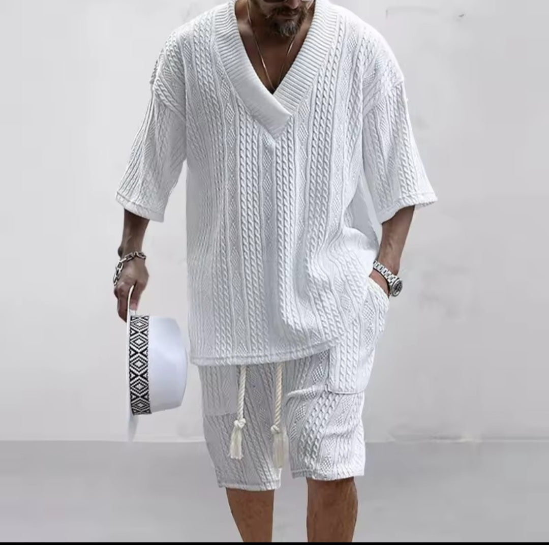 Men's Knitted Two - Piece Short Set – V - Neck Short Sleeve Top & Drawstring Shorts | Street Casual - GLITCH - BELLE