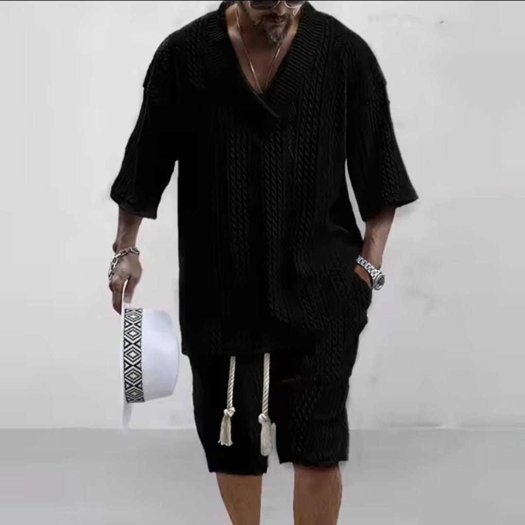 Men's Knitted Two - Piece Short Set – V - Neck Short Sleeve Top & Drawstring Shorts | Street Casual - GLITCH - BELLE
