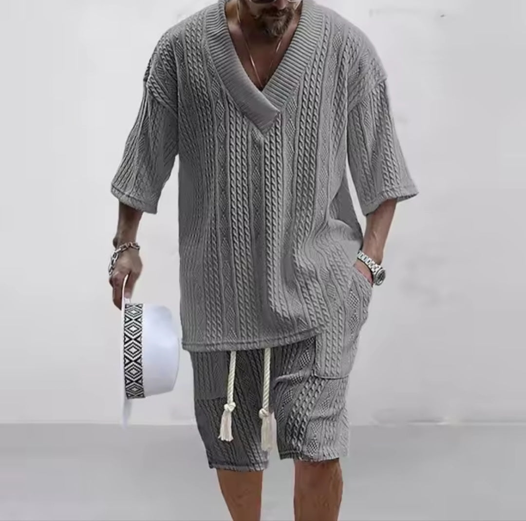 Men's Knitted Two - Piece Short Set – V - Neck Short Sleeve Top & Drawstring Shorts | Street Casual - GLITCH - BELLE