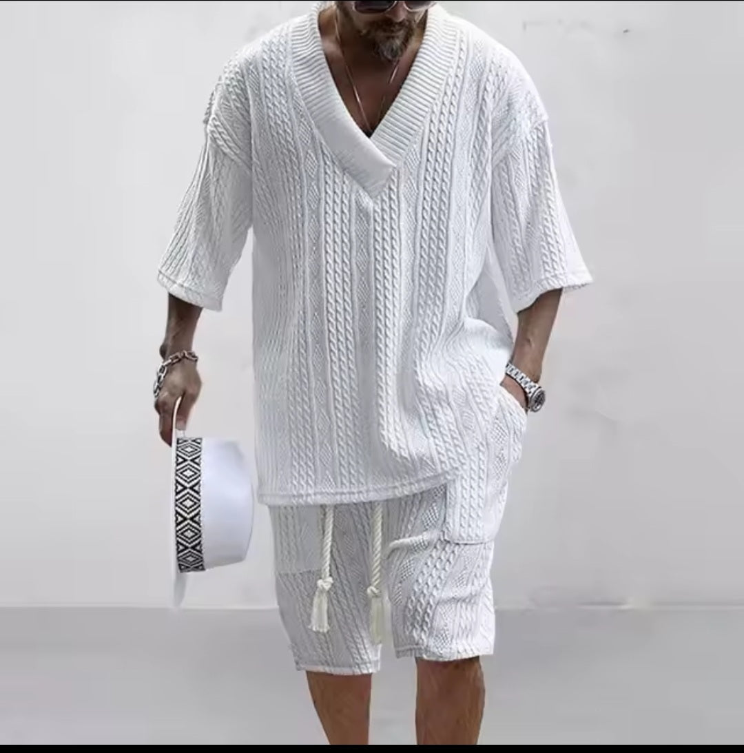 Men's Knitted Two - Piece Short Set – V - Neck Short Sleeve Top & Drawstring Shorts | Street Casual - GLITCH - BELLE